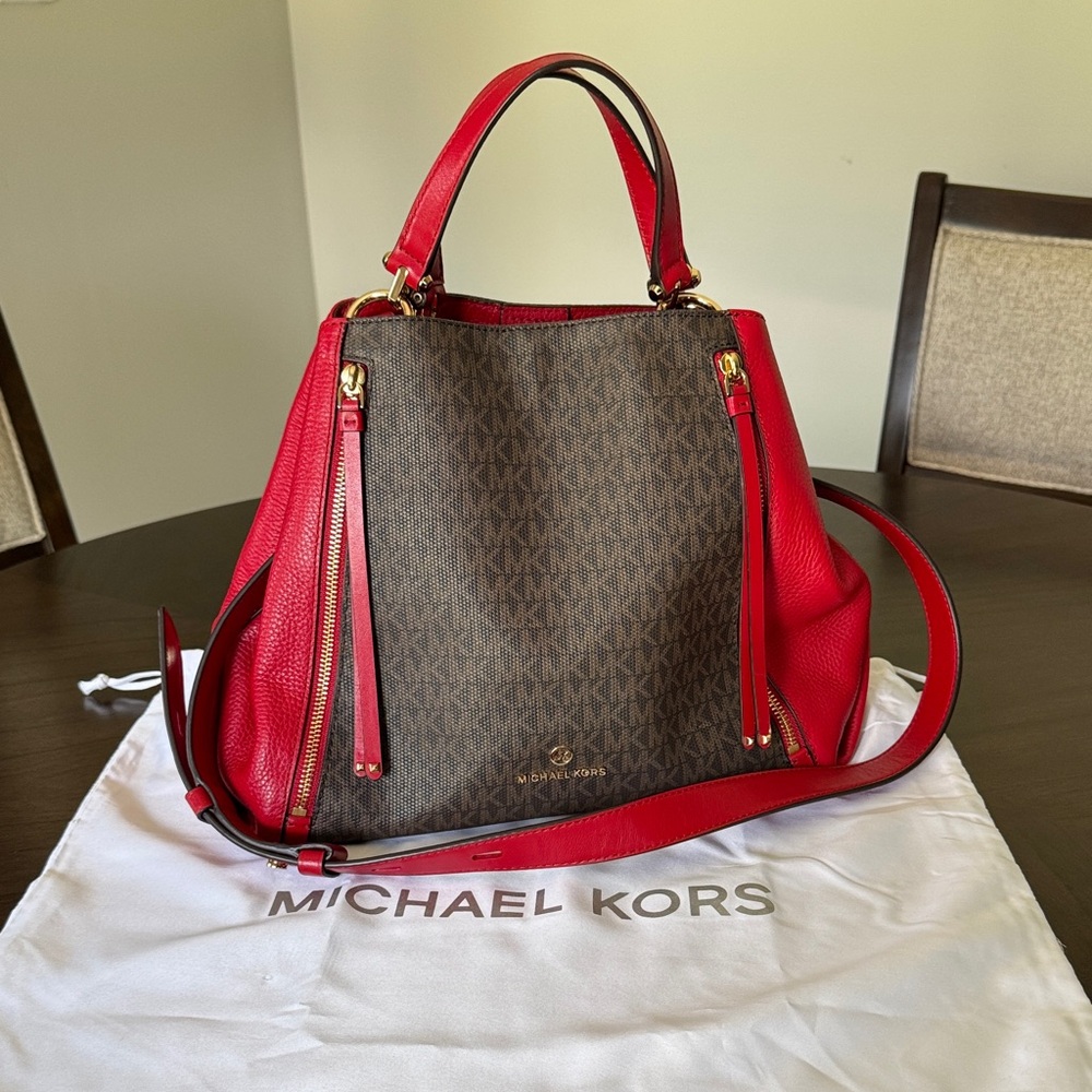 Michael Kors Red and Brown Large Tote - Grab Tote - MK logo